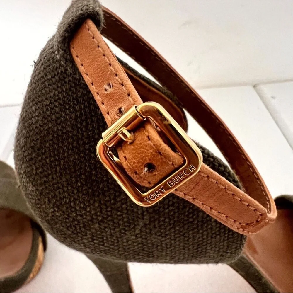 Tory Burch Amina Olive Woven Platform Heels Raffia‎ Ankle Strap 7.5